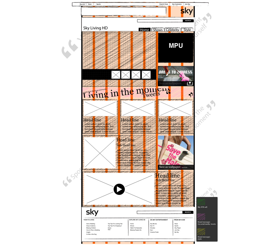 Sky Living - Wireframes: Home page proposal 1 of 3.  Too much of a departure according to the developers, really?
